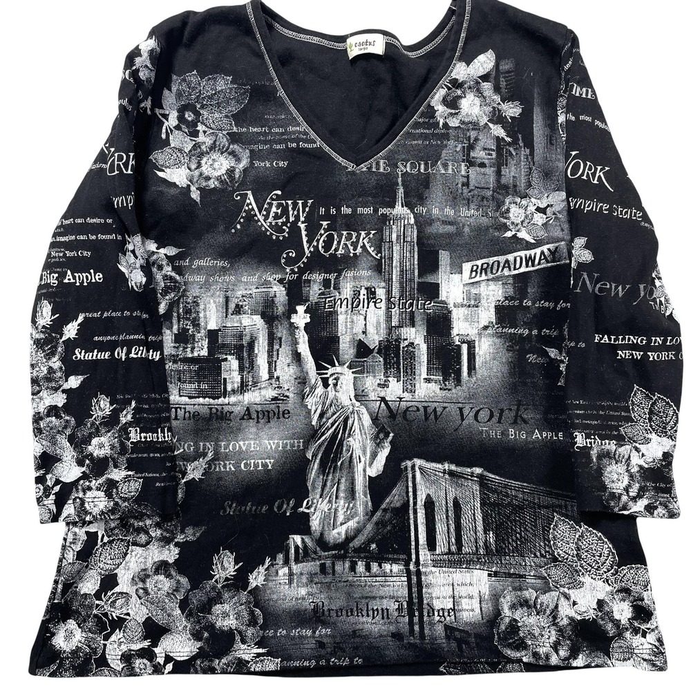 Cactus Shirt Womens Large Black New York City Floral Graphic 3/4 Sleeve Y2K